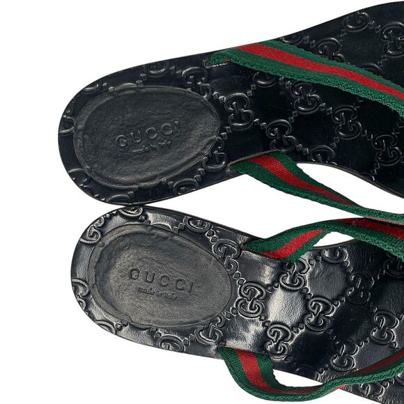 Gucci GG Web Stripe Thong Sandals EU 37.5 US 7.5 Black Flip Flop Slide Flat Heel - Picture 7 of 11